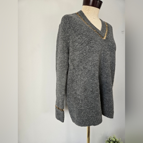 ZARA KNIT Grey Sweater with Gold Chain Detailed neck and cuffs. Relaxed Small. - Picture 3 of 9